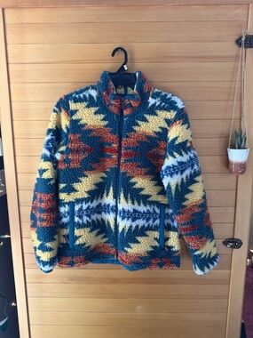 Aztec Pattern Sherpa Zip Jacket - Teal, Mustard, Rust, White